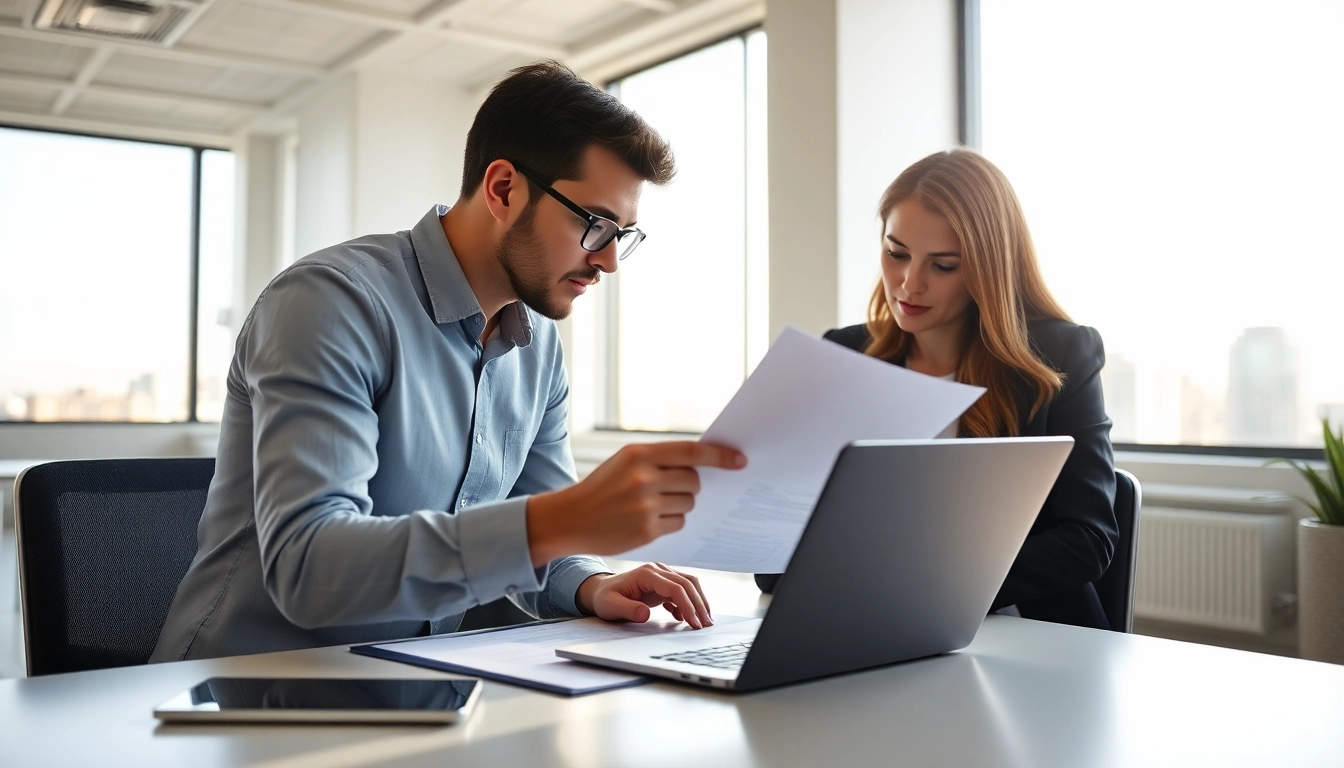 Real estate management expert reviewing contracts in a sleek office environment.