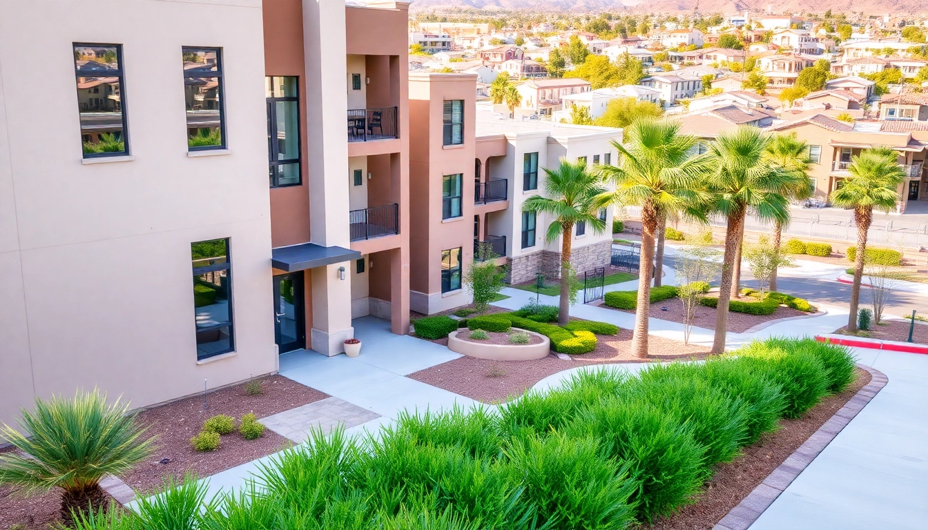 View of modern apartments in Glendale AZ with inviting landscaping and urban features.