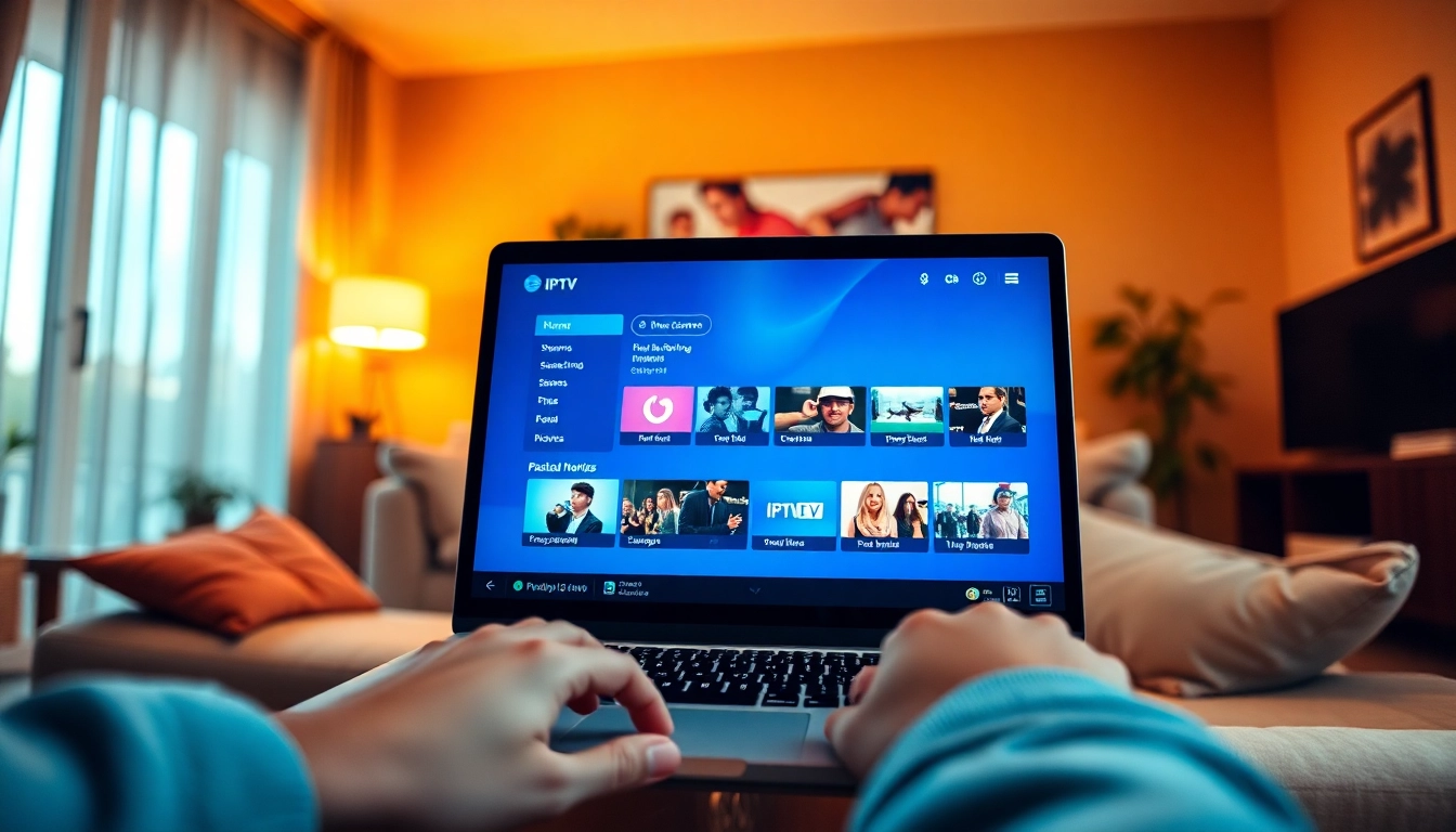 Check out the features of an iptv demo account on a laptop among a cozy living room setting.