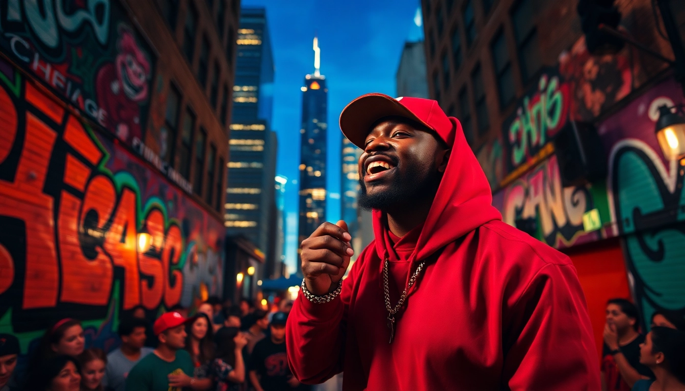 Performing artist captures Chicago rap lyrics in an engaging performance amidst city culture.