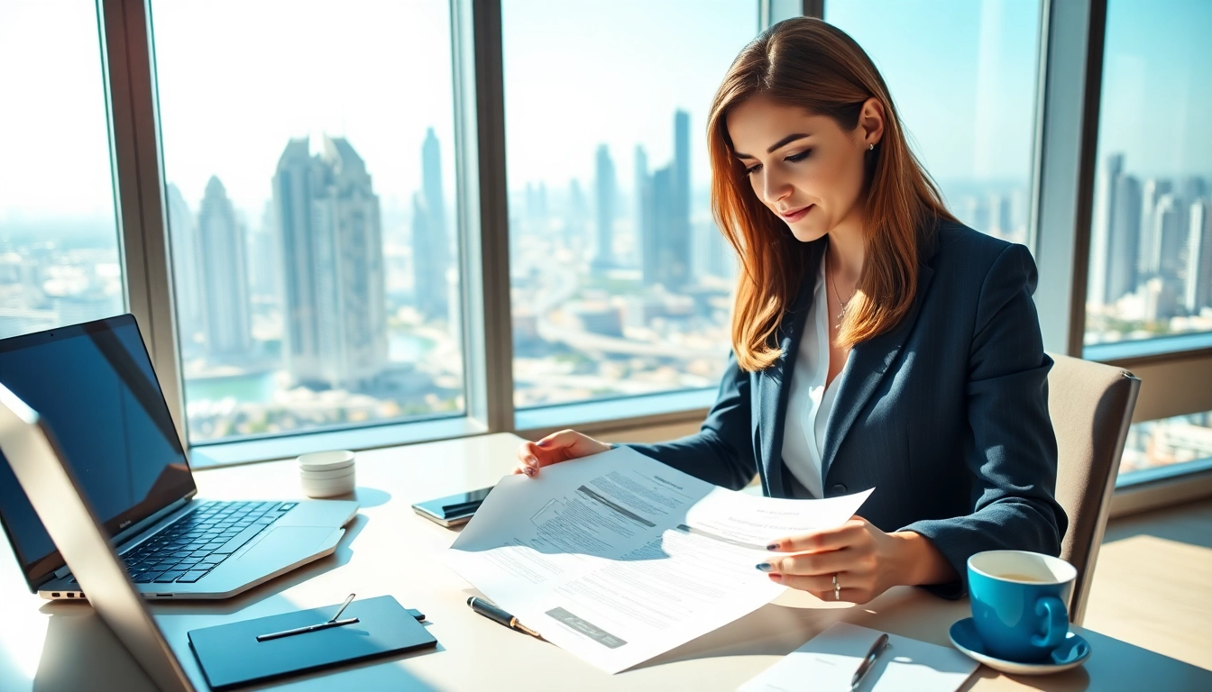 Businesswoman engaging in trademark registration in Dubai while reviewing important documents.