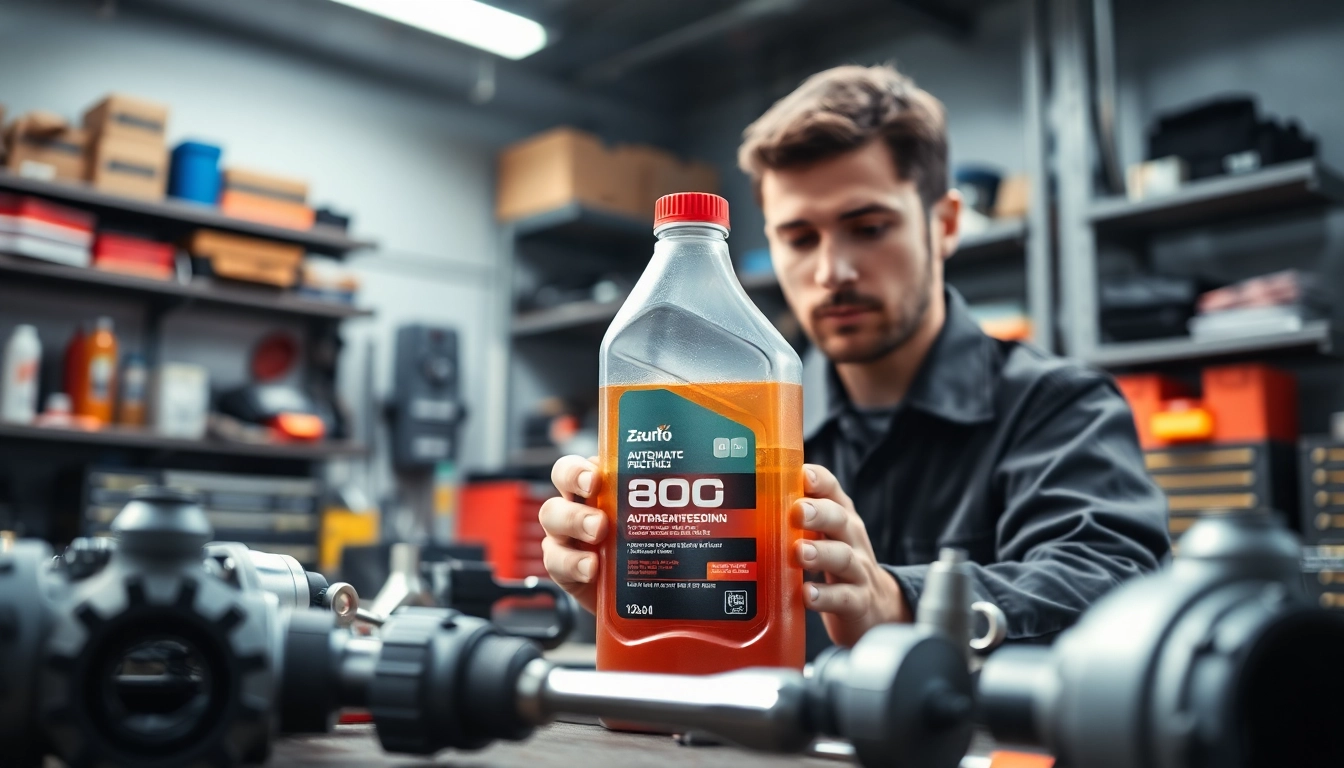 Inspecting automatic transmission fluid in a garage with professional tools and bright lighting.