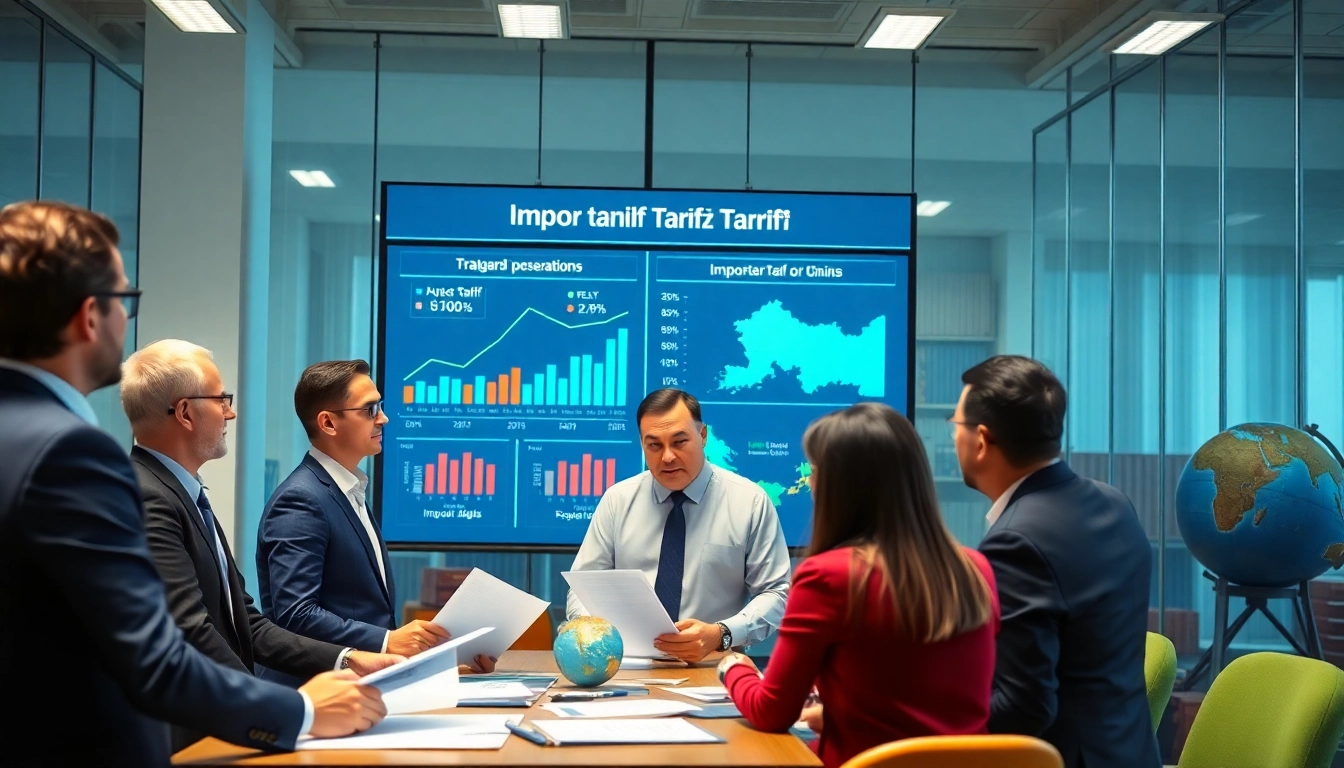 Analyze import tariffs in China with business professionals discussing trade implications.