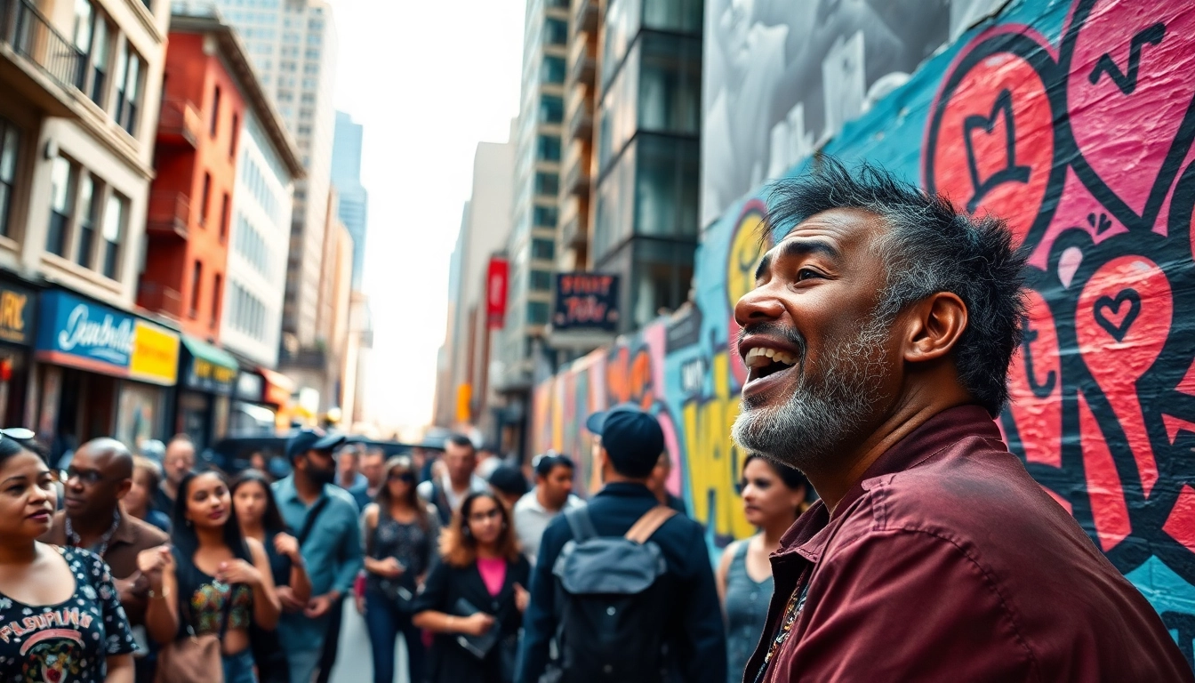 Engaging mural symbolizes social commentary in a vibrant city scene, artist connecting with diverse audience.