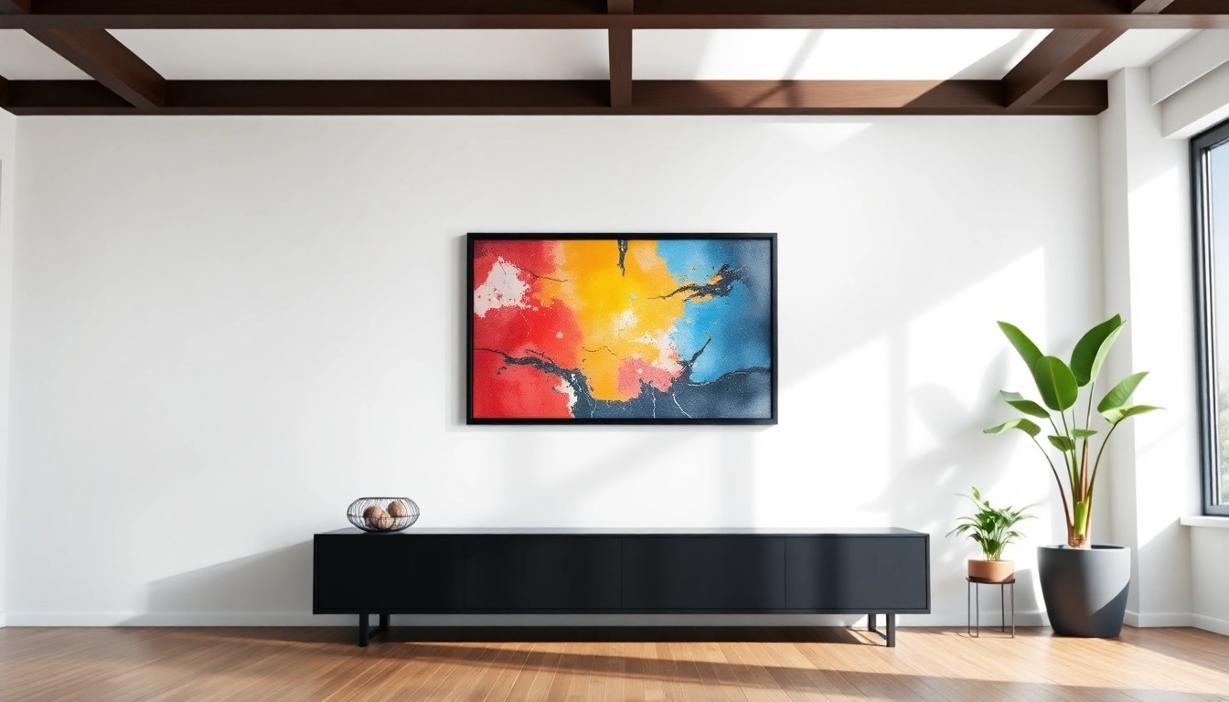 Showcase a stylish 36x48 frame displaying vibrant art in a modern interior setting.