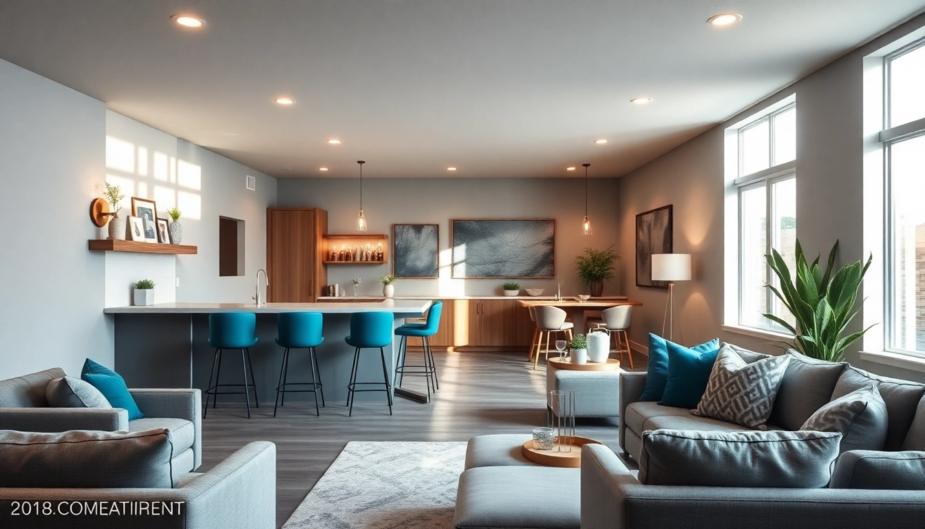 Finish basement Utah with a modern living space featuring a cozy bar and natural lighting.