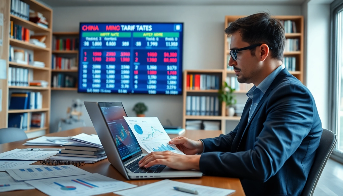 An economic analyst analyzing import tariffs China data in a professional office setting, showcasing trade graphs.