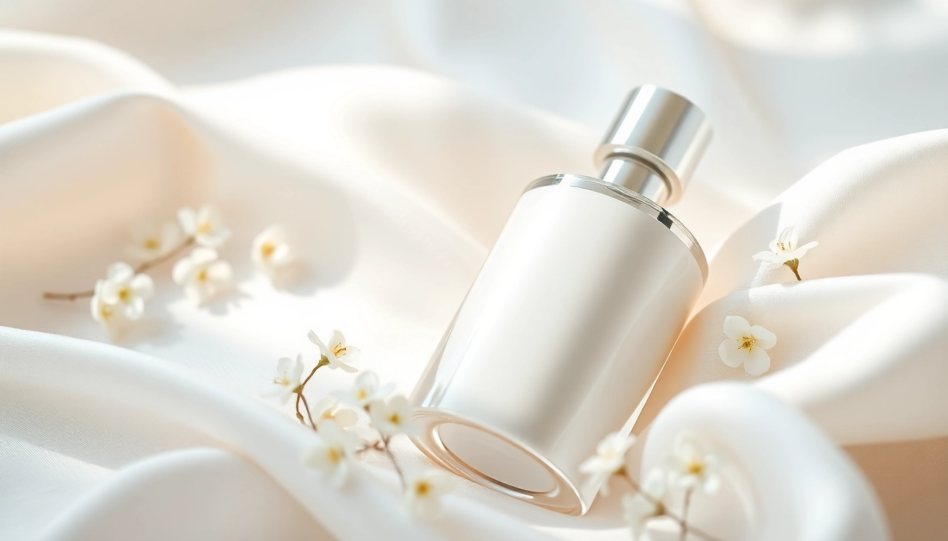 Parfum White Musk en gros plan sur un tissu soyeux avec des fleurs blanches autour.