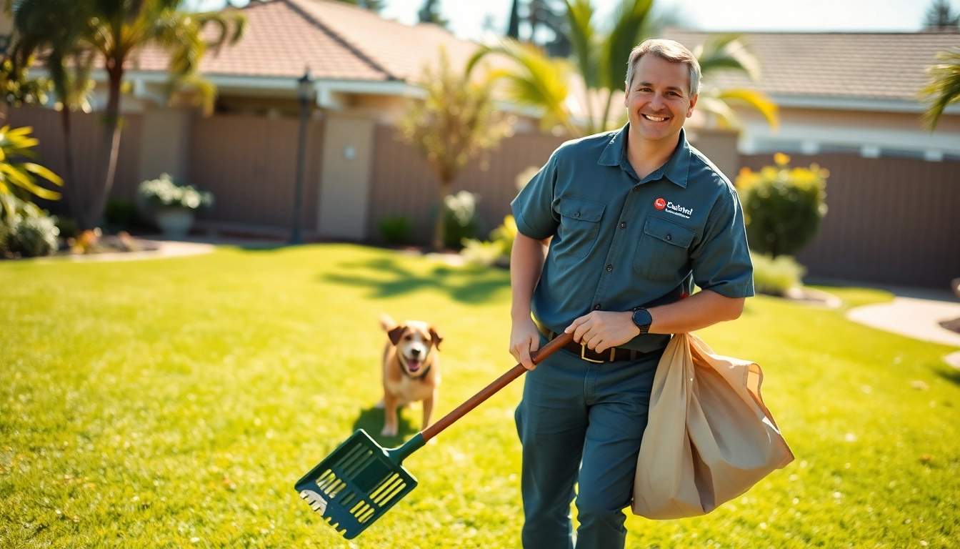 Efficient dog clean up service technician removing pet waste in a sunny backyard.
