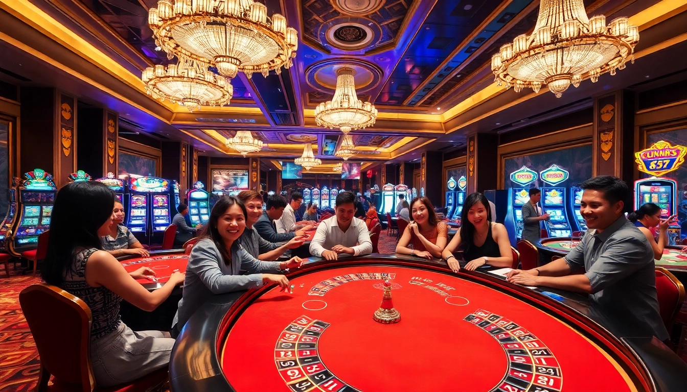 Experience the vibrant atmosphere of a singapore casino with luxurious gaming tables and excited players.