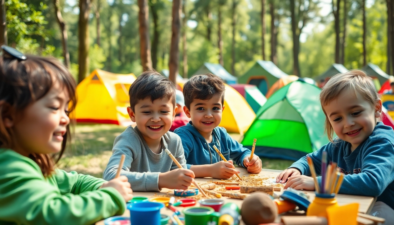 Children participating in fun activities at holiday camps, surrounded by a vibrant outdoor environment.