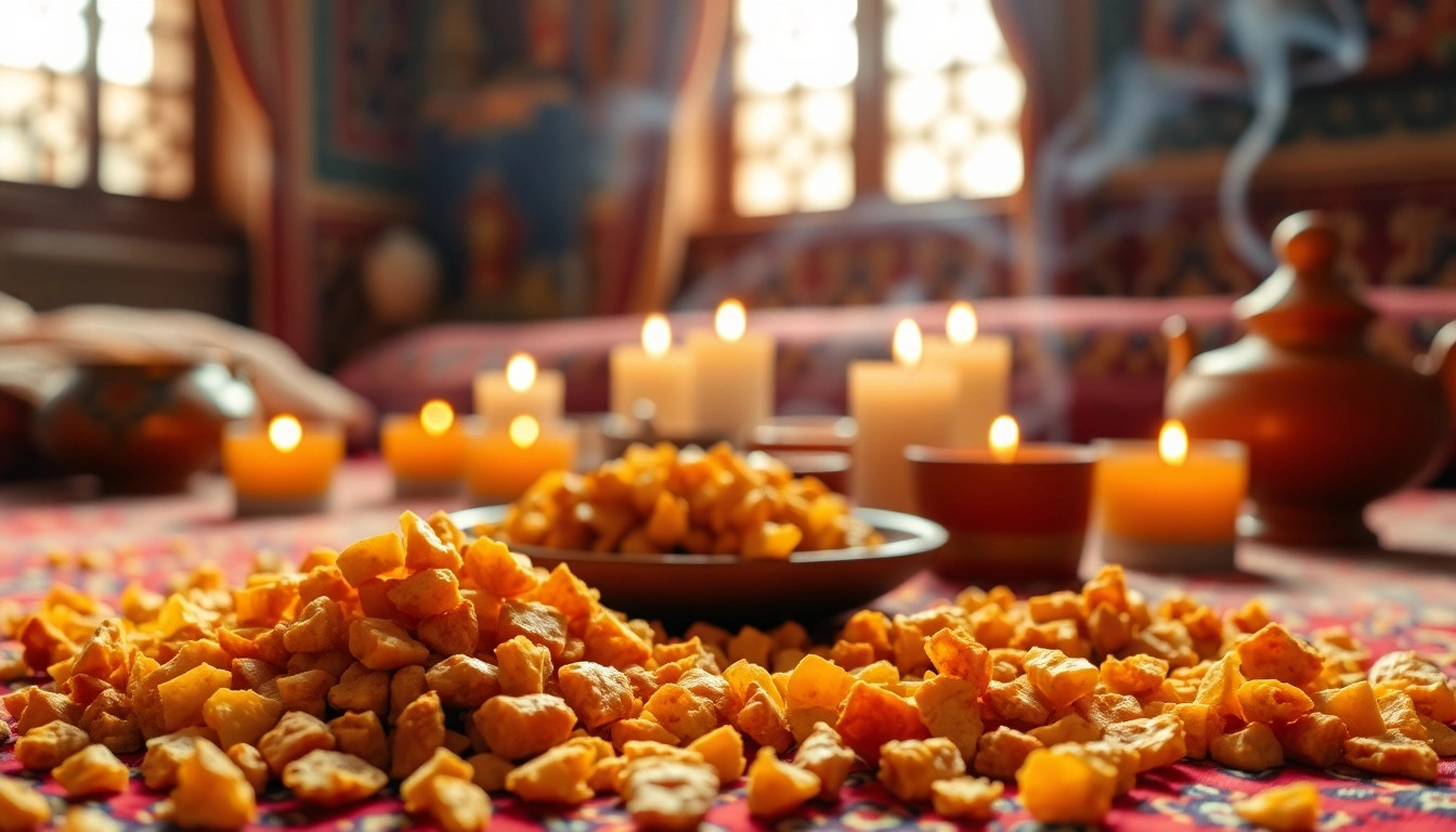 Exquisite louban dakar incense displayed with warm candles in a Moroccan ambiance.