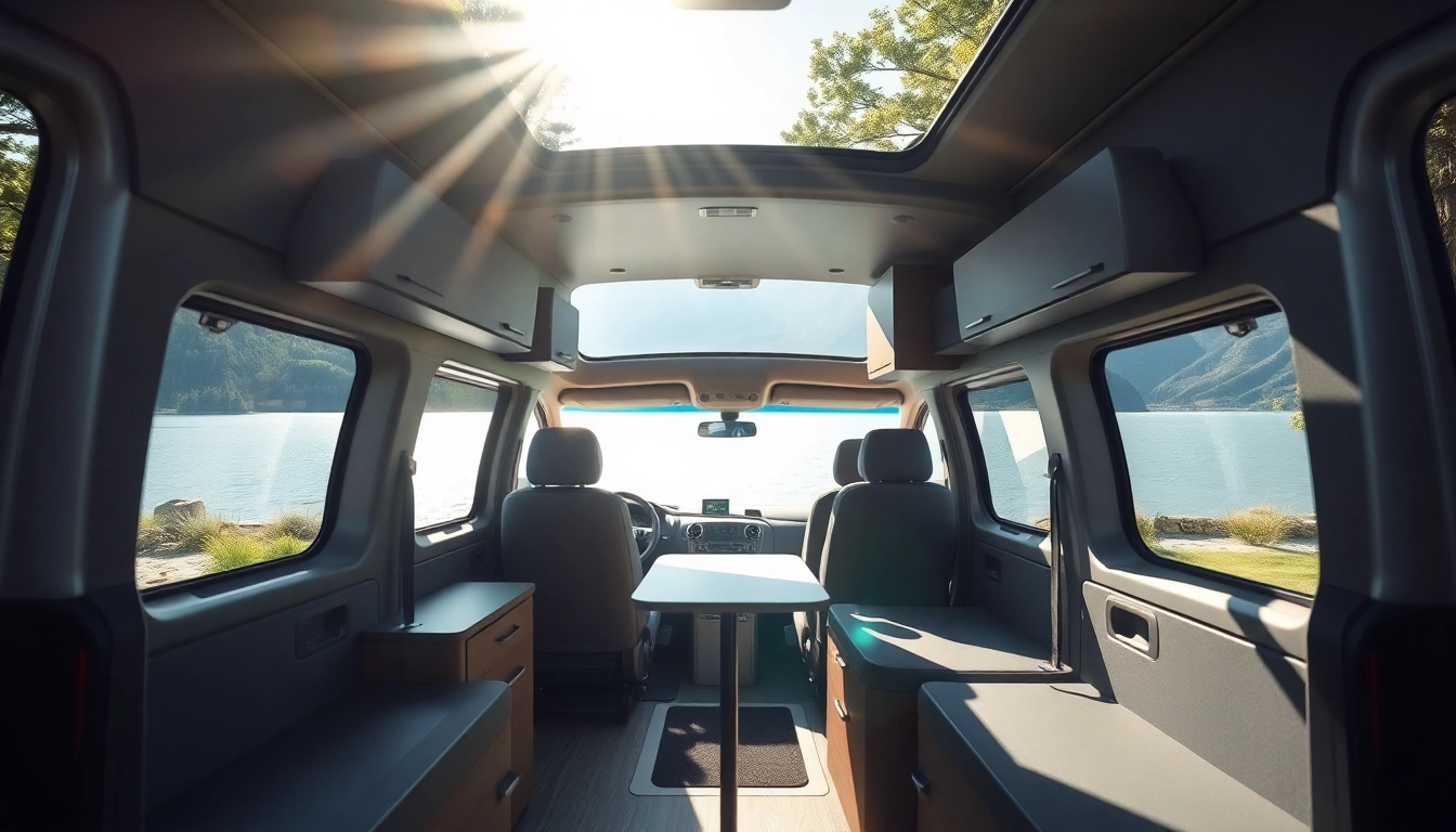 Showcasing the perfect Van parked by a serene lake, emphasizing its modern design and spacious interior.