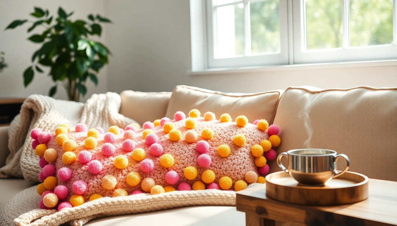 Pompom Cushion Cover enhancing a cozy living room with vibrant textures and inviting colors.