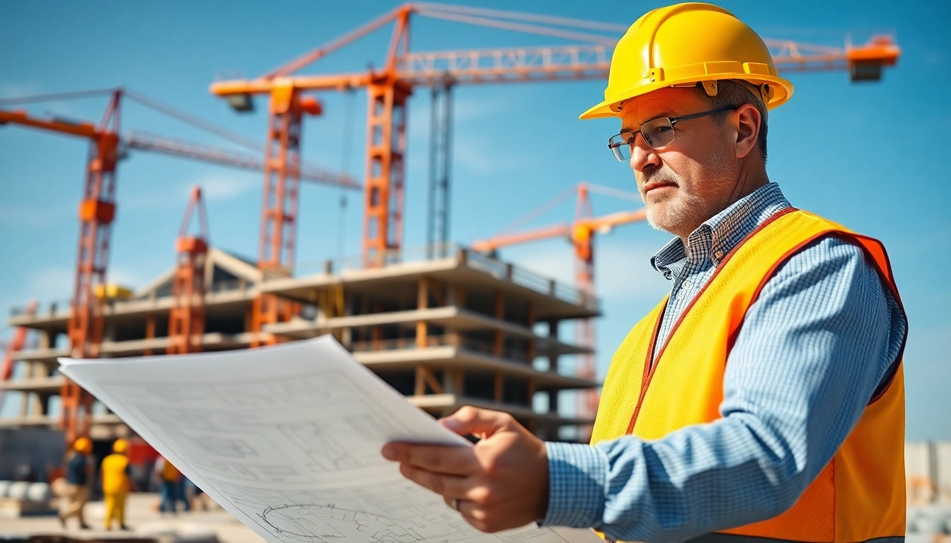 NVQ Level 4 Construction site supervision answers showcased by a professional examining blueprints on a construction site.