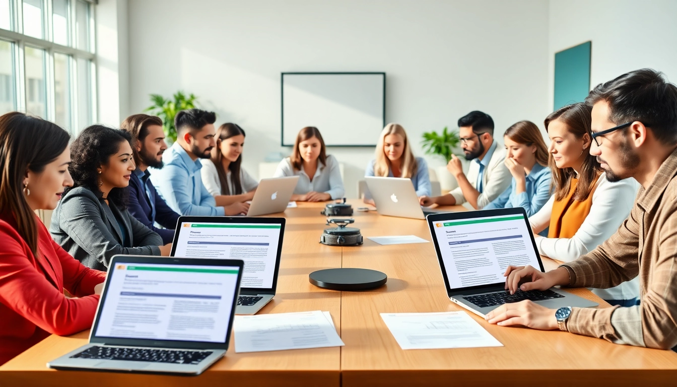 Engaged entrepreneurs using an online trademark registration platform in a collaborative workspace.