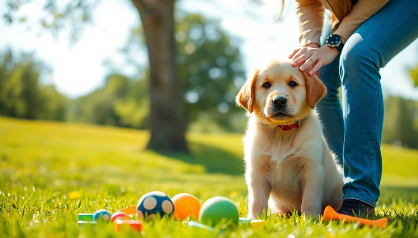 Engaging Dog Training Irvine session with a trainer and a puppy in a bright park.