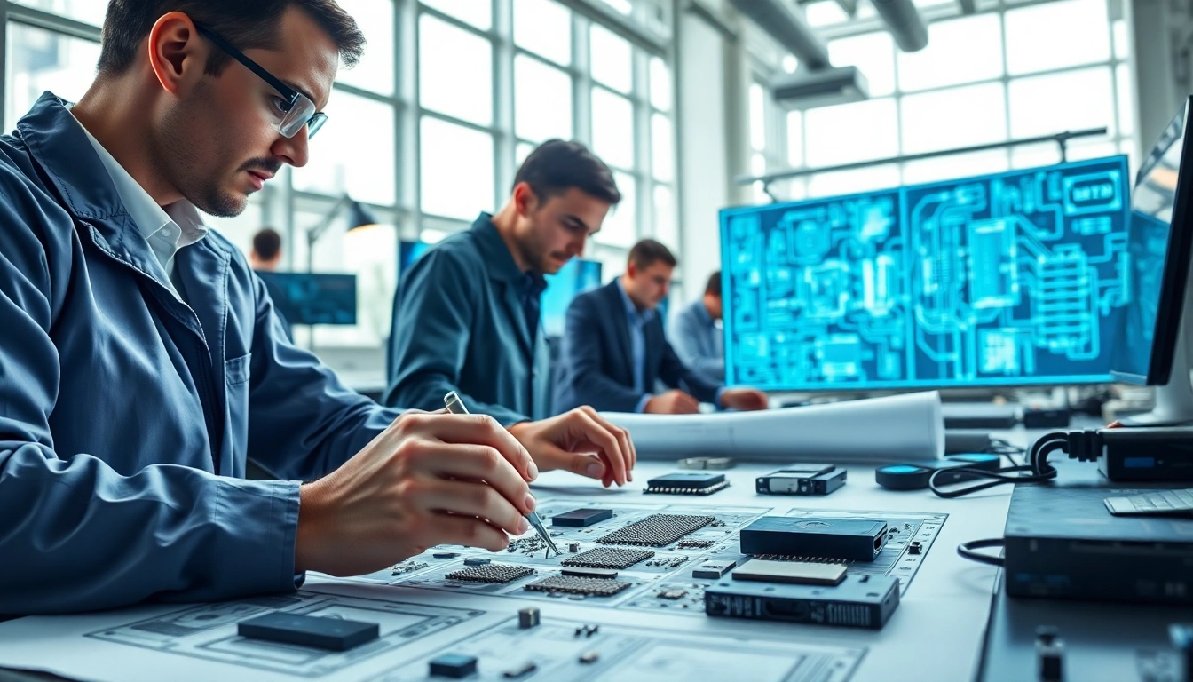 Designing advanced microchips in a professional engineering lab with high-tech tools.