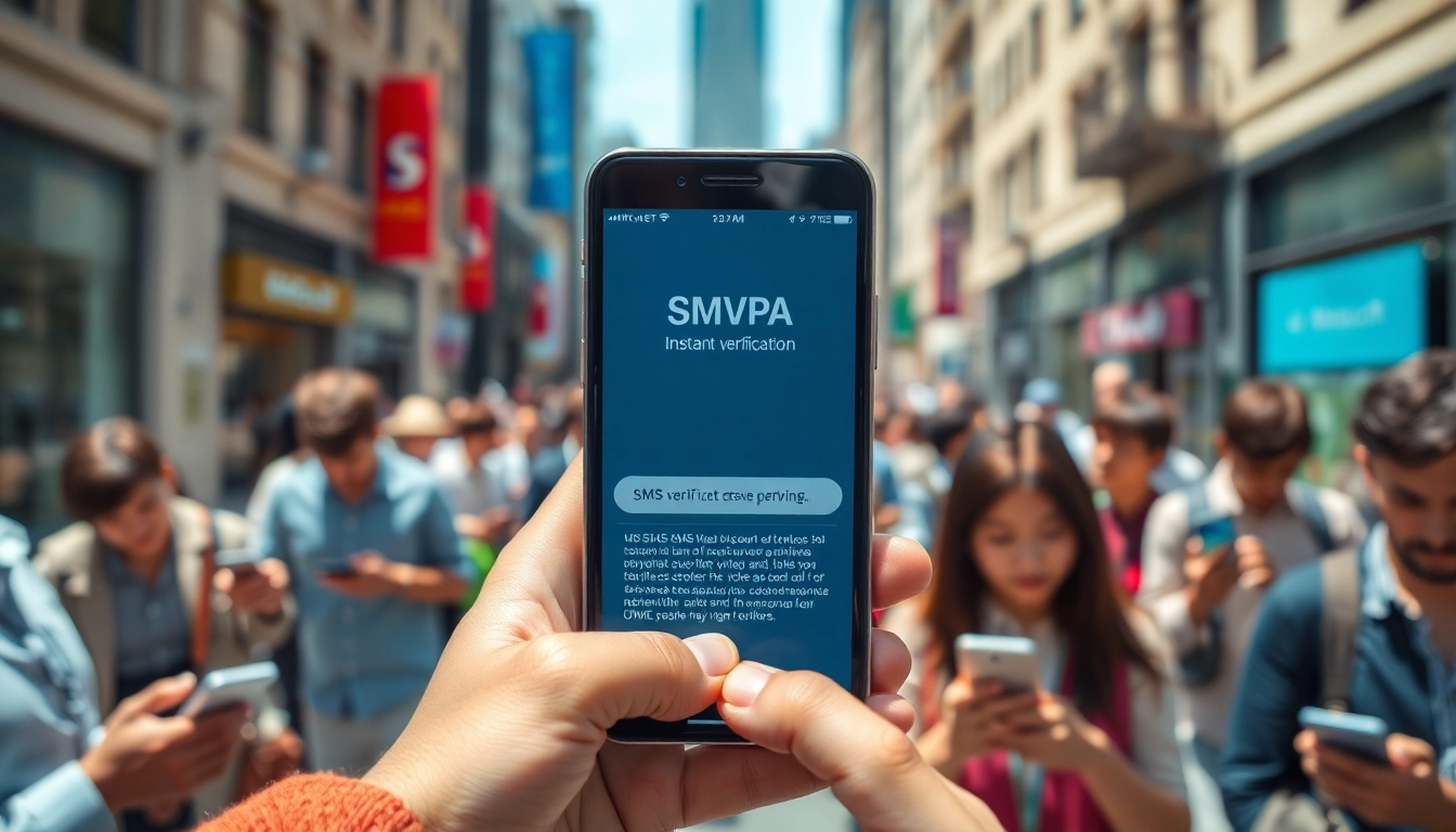Using smsvpa service on a smartphone amidst urban bustle, illustrating SMS verification.
