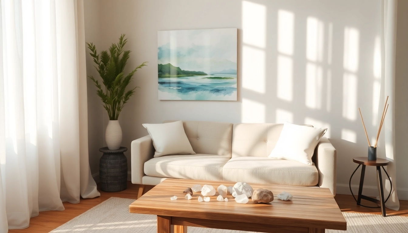 Comfortable therapy room with elements for healing trauma in a serene atmosphere.