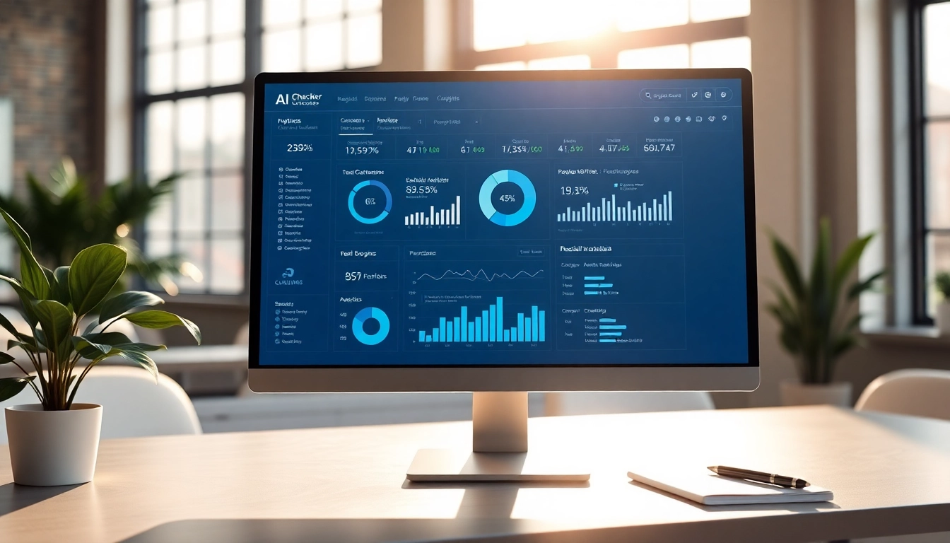 Analyze text with our AI checker on a sleek digital interface in a professional workspace.