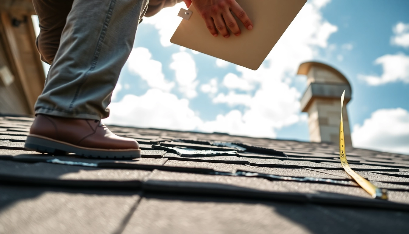 Contractor assessing roof damage for insurance roofing claims help during an inspection.
