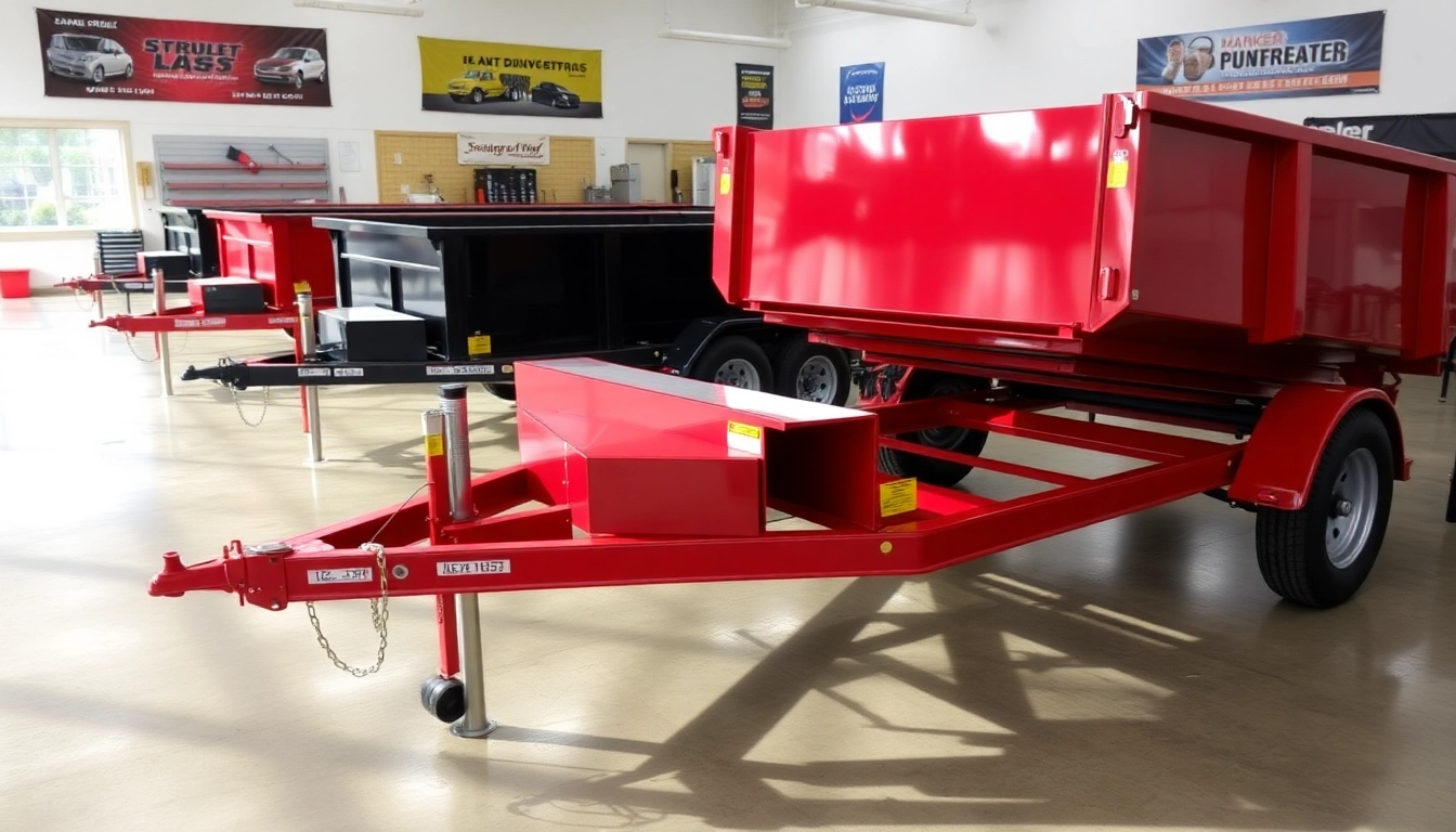 Showcase of various dumpster trailers for sale in a dealership setting highlighting quality and variety.