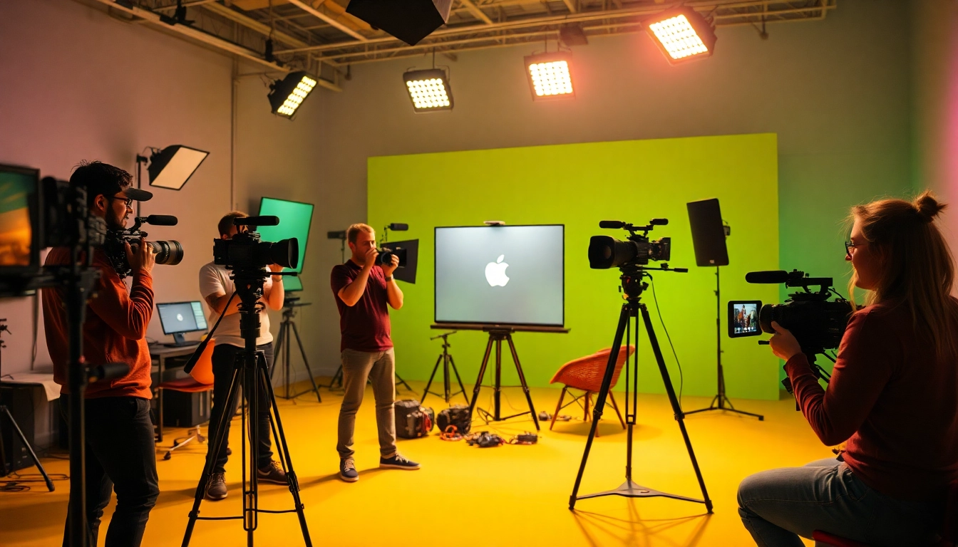 Engaged team of 영상제작업체 professionals collaborating on a vibrant video project in a bright studio.