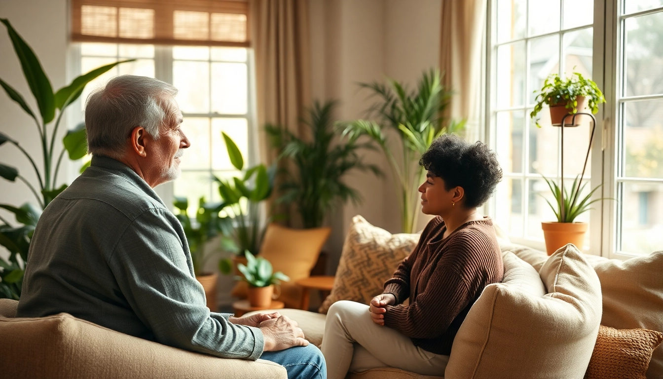 Engaging therapeutic scene of healing trauma featuring a comforting therapist and client in a warm, inviting setting.