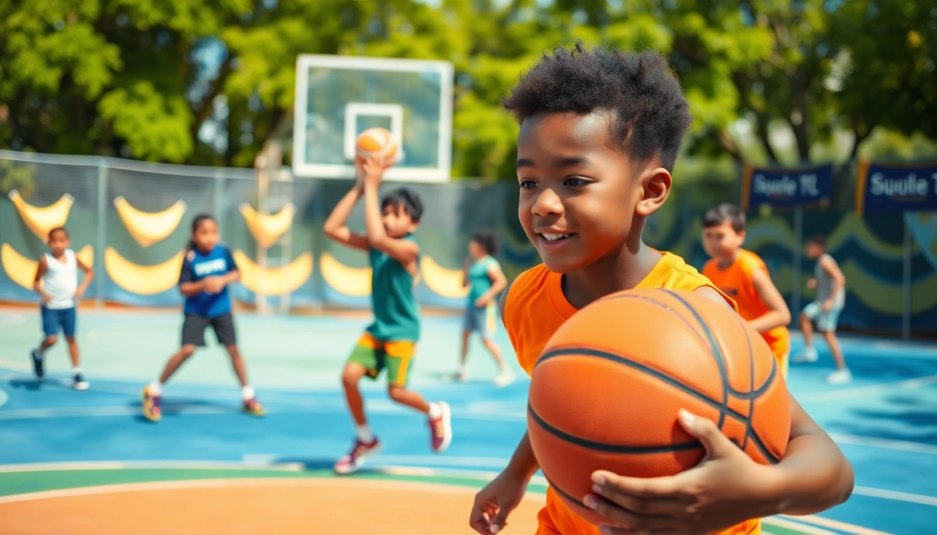 Young basketball enthusiasts practicing skills on an outdoor court, showcasing teamwork and diversity.