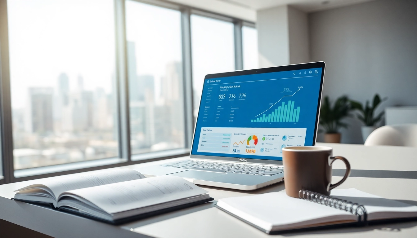 Engaging visual of short-term rental AI software displayed on a laptop in a professional workspace.