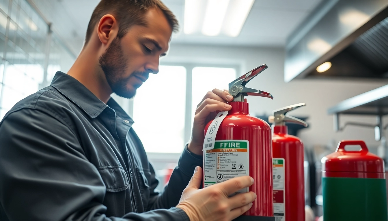 Conducting fire extinguisher checks with a professional technician inspecting an extinguisher.