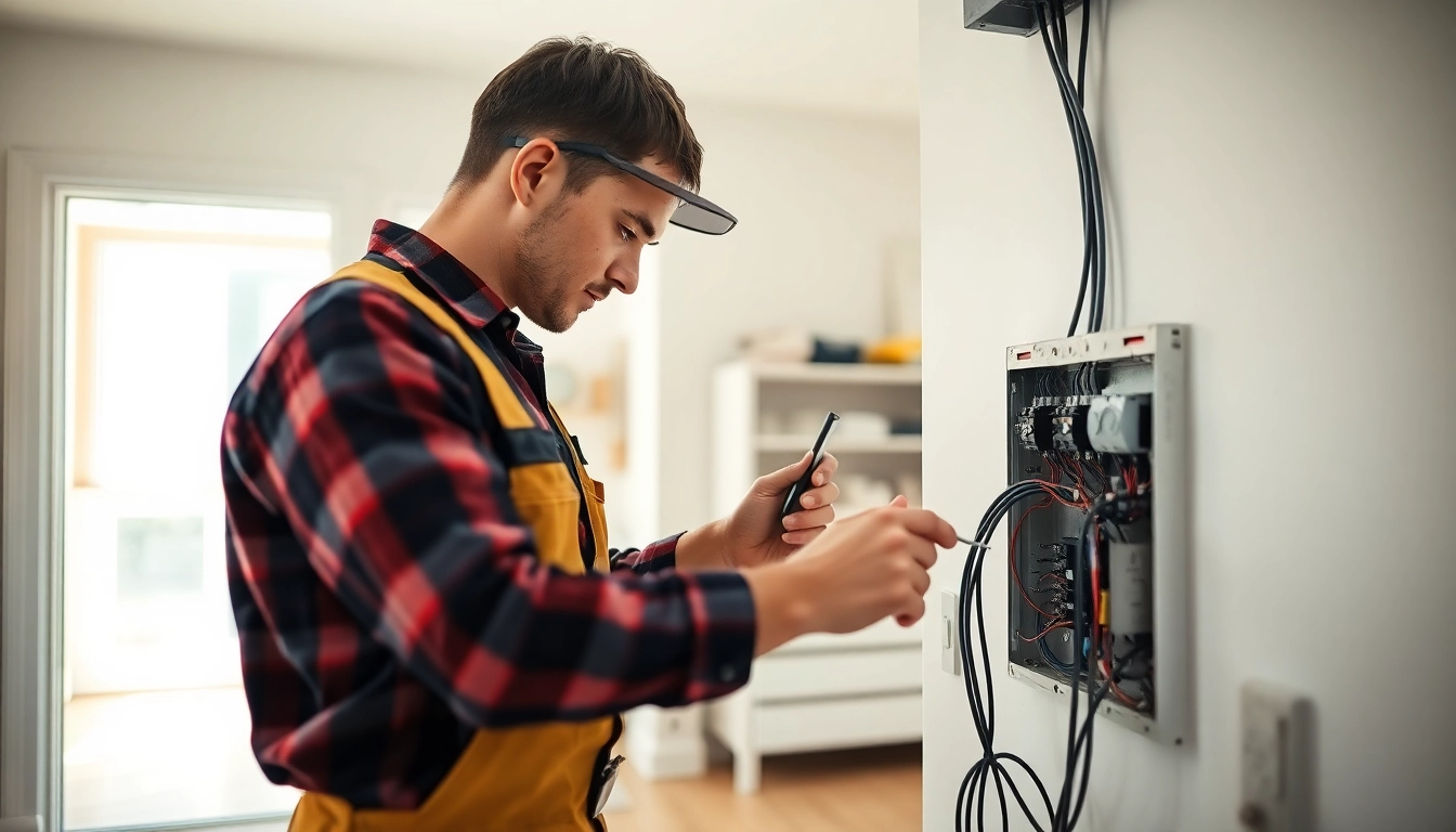 Electrician conducting an electrical service installation, showcasing expertise in wiring connections.