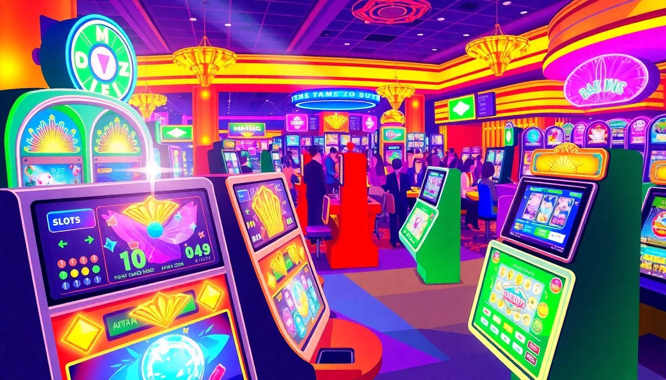 Memainkan game slot dengan berbagai mesin slot berwarna cerah dan lampu berkilauan di kasino.