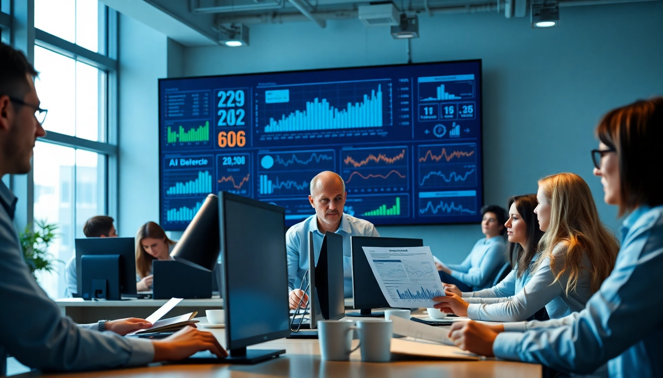 Analyze text for ai detection in a vibrant office filled with technology and collaboration.
