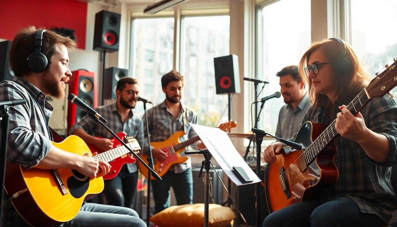 Engaging scene showcasing musicians collaborating for music promotion services.