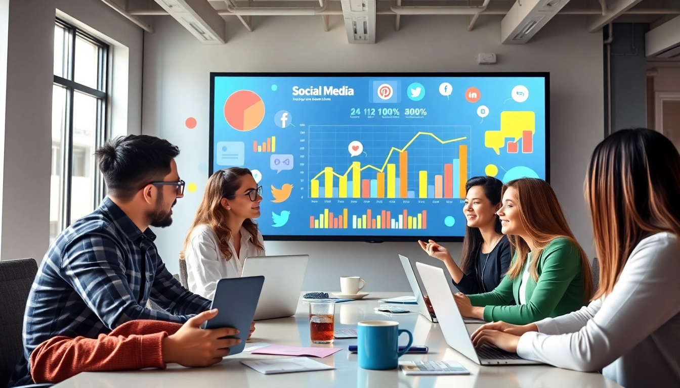 Boost engagement with Edmonton social media marketing strategies illustrated by a collaborative team.