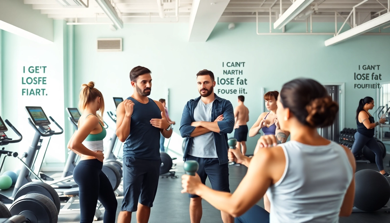 Clients working together with a trainer to lose fat in a modern gym setting.