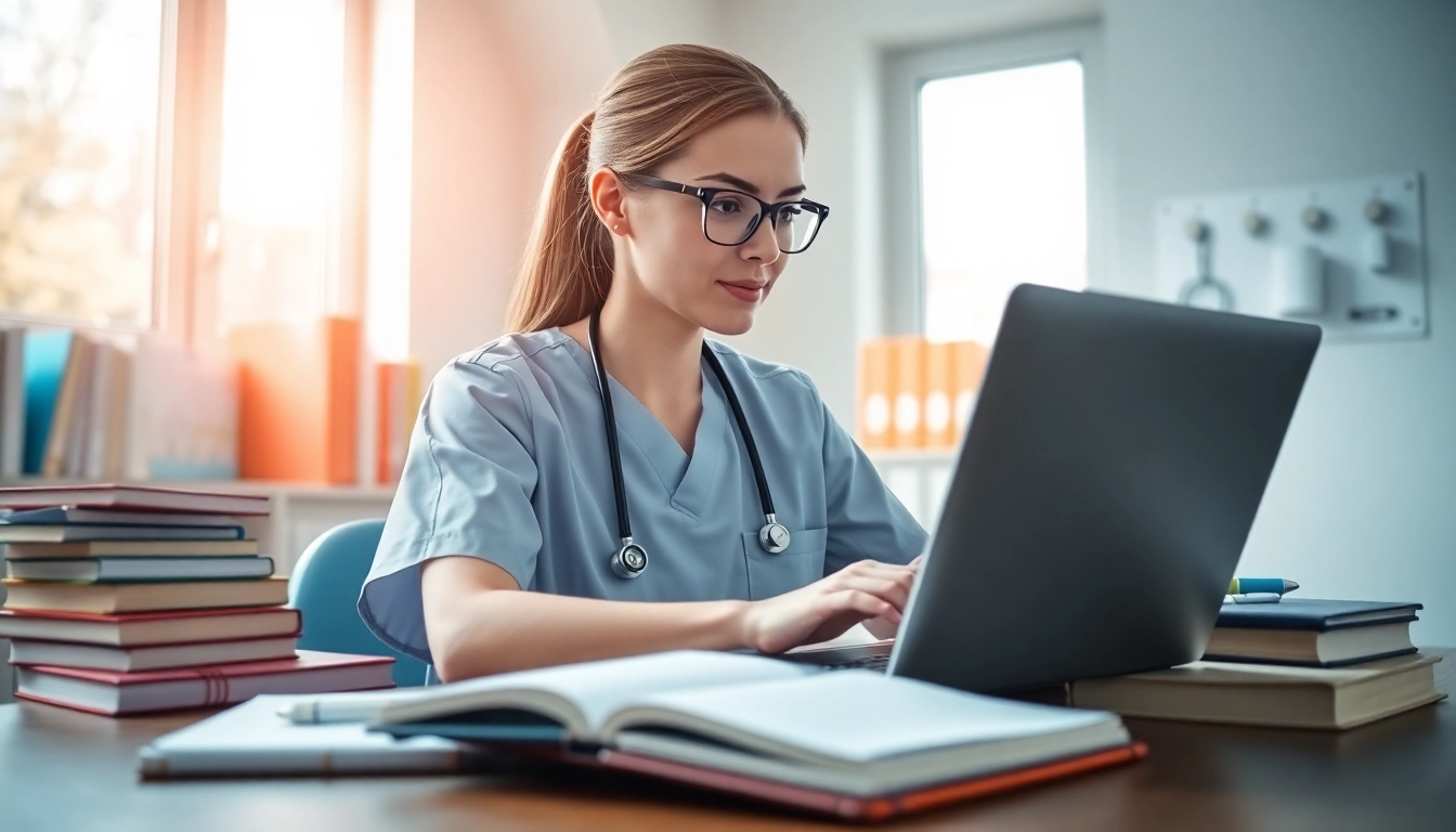Explore rn ceus with a nurse studying online in a bright and modern workspace.