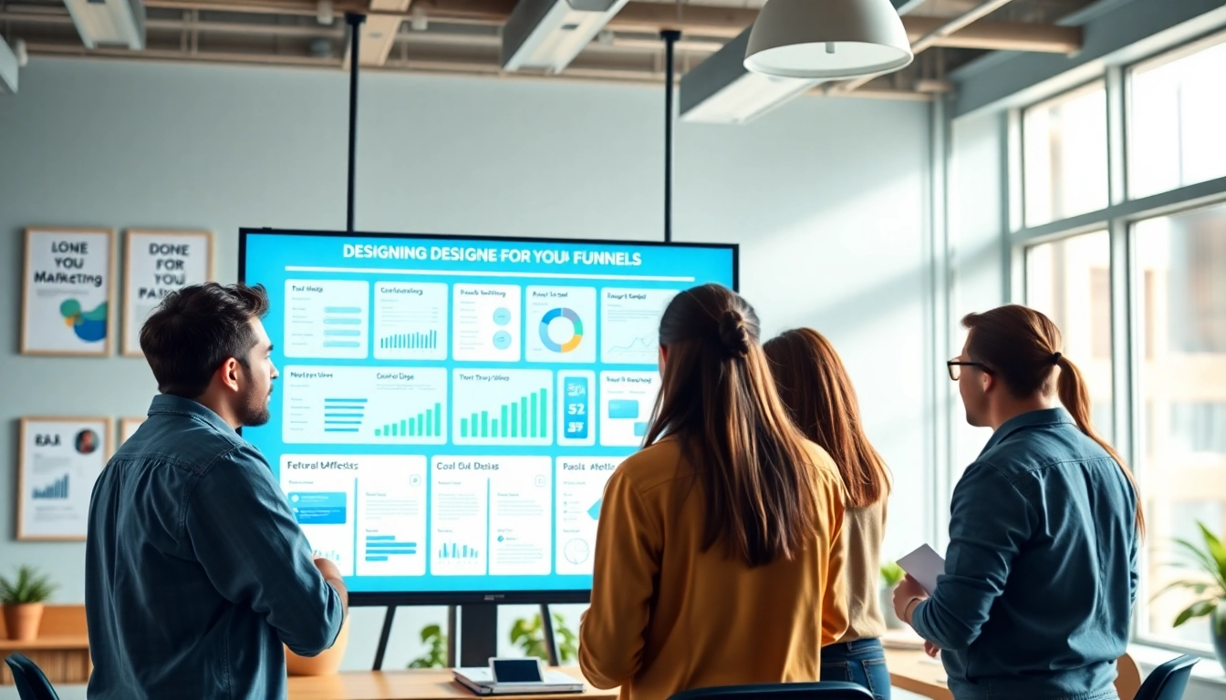 Optimize done-for-you funnels with a vibrant marketing team collaborating creatively.