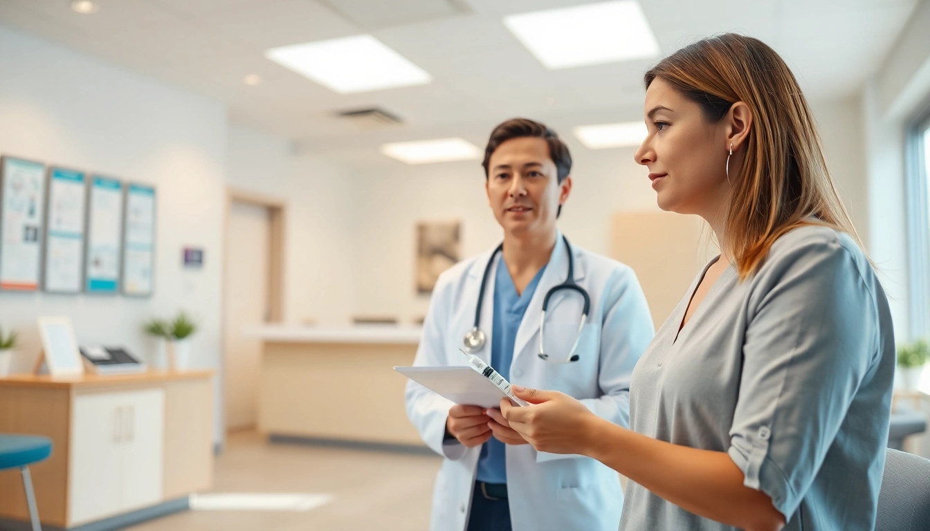 Healthcare provider explains Injectable Weight Loss options to a patient in a bright clinic.