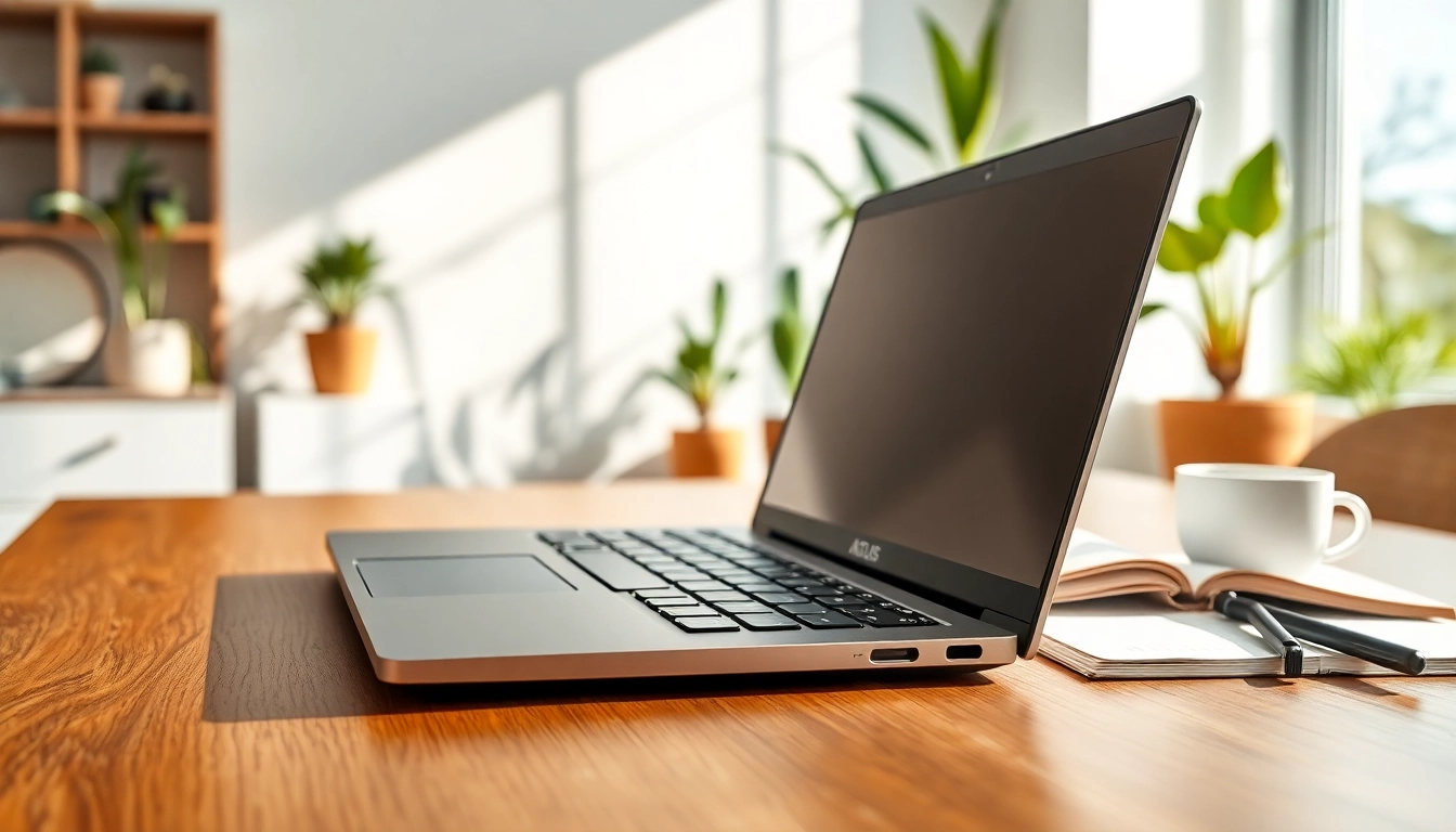 Engaging image of Asus Laptop on a modern desk highlighting its sleek design and workspace environment.