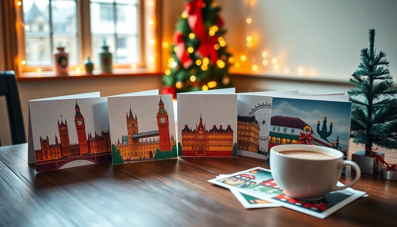 Showcase of personalised Christmas cards London featuring iconic designs and festive elements.