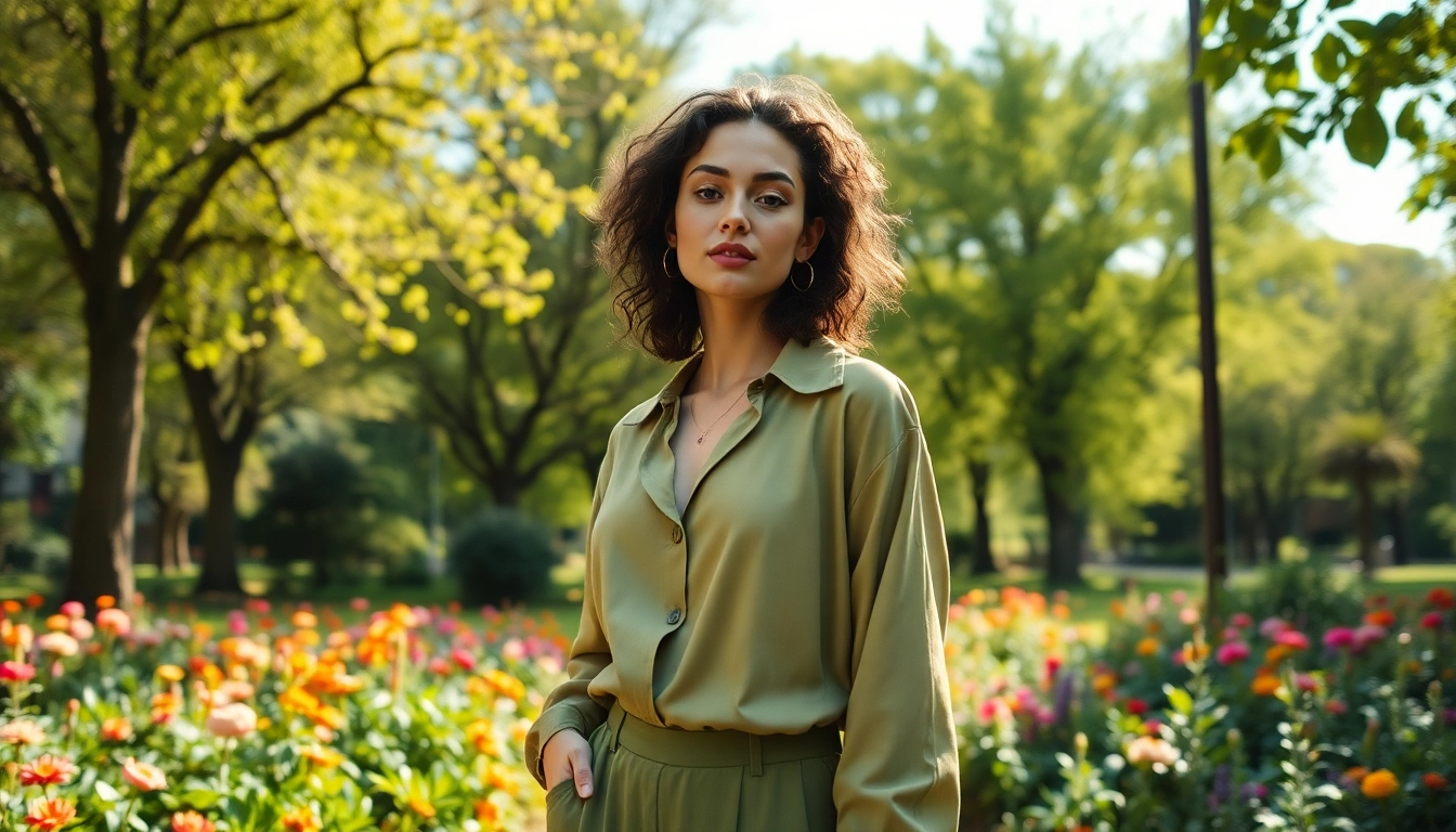 Model showcasing stella mccartney eco-friendly fashion in a lush urban park setting.