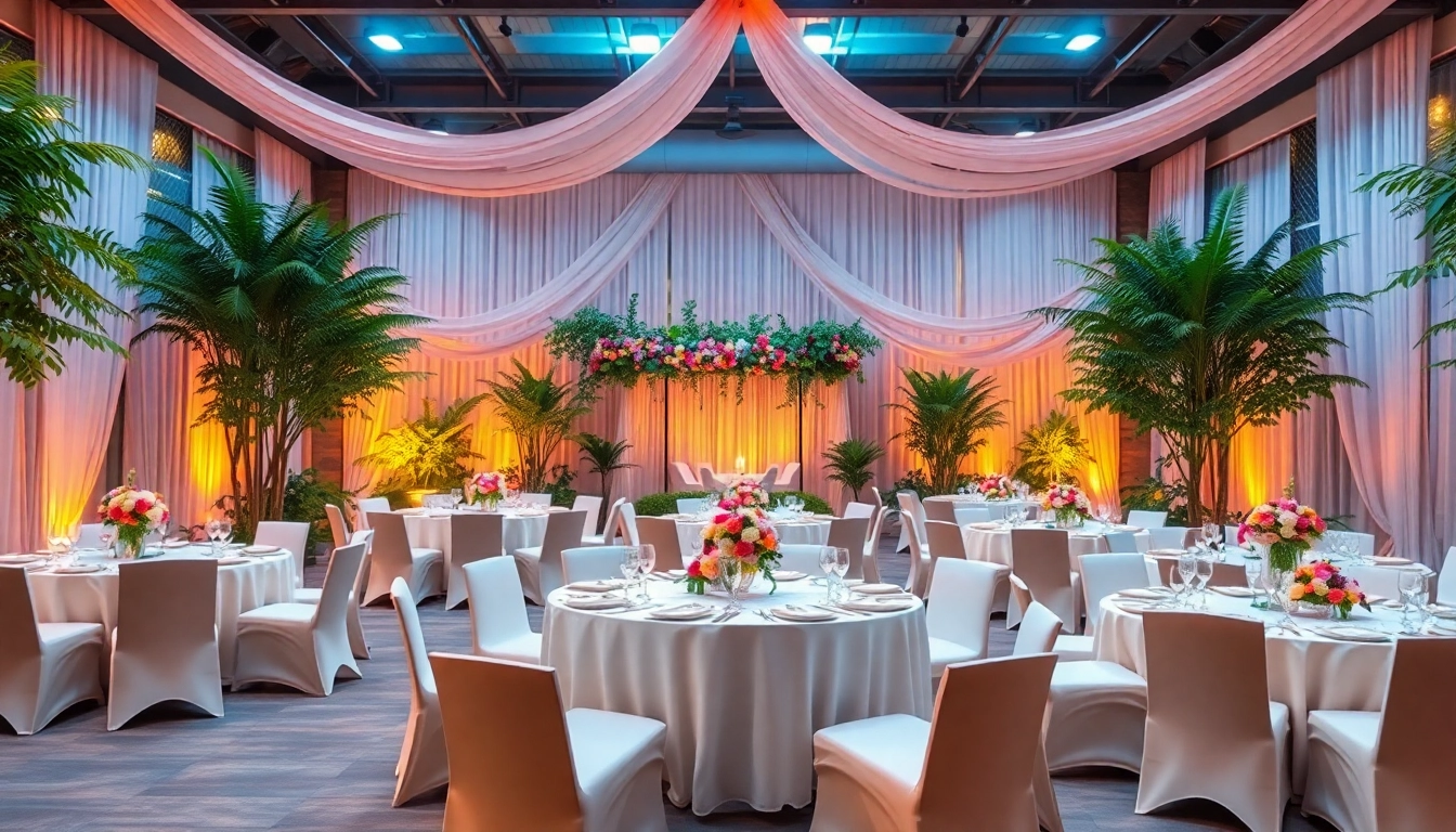 Showcasing the city venue event center elegantly set up for a banquet, inviting guests.