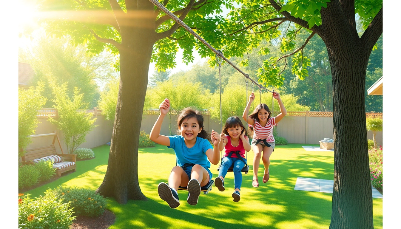 Family joyfully rides a ZIP WIRE KIT in a sunny backyard filled with greenery and playful vibes.