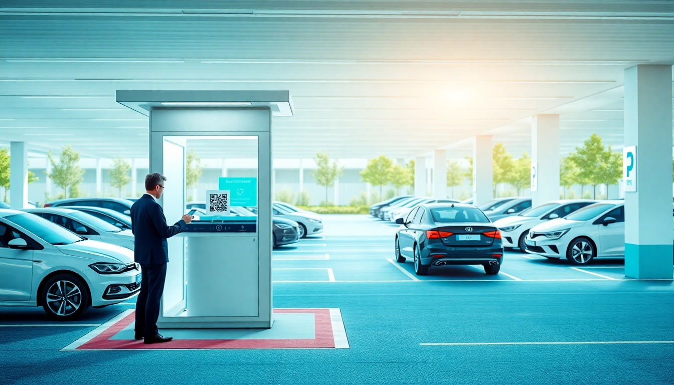 Register for vrr parking with a QR code scan at a modern parking facility.