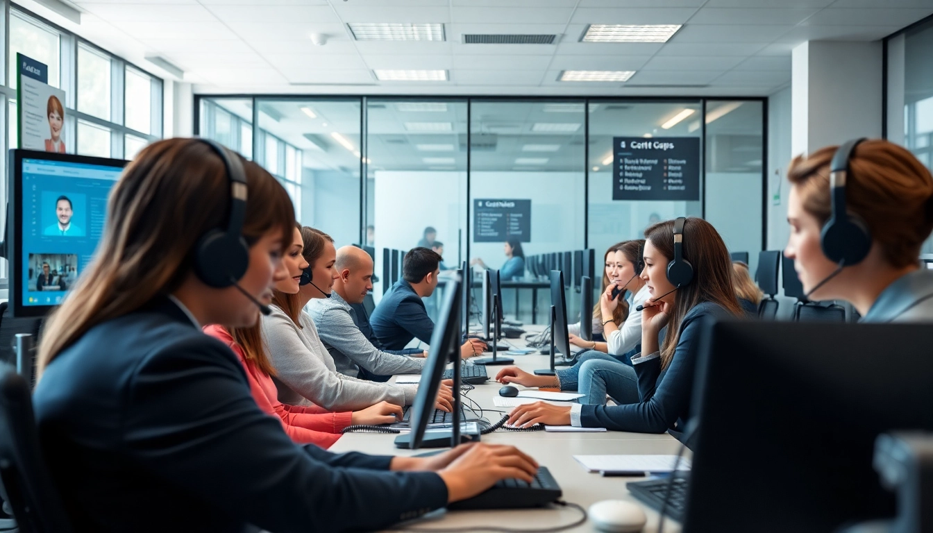 Engaging scene depicting Call Center Pricing dynamics in a professional call center setting with agents aiding clients.
