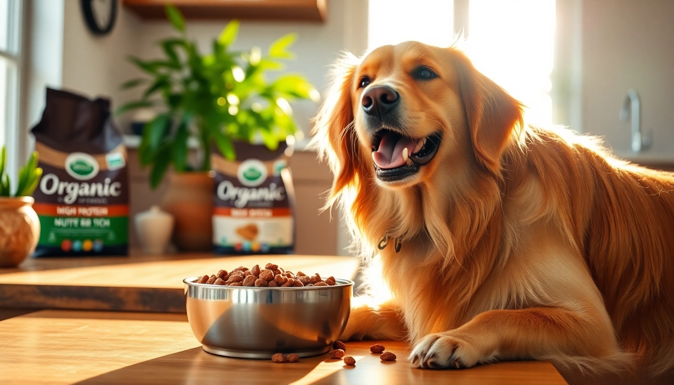 Dog happily enjoying badlands ranch dog food canada in a sunny kitchen setting.