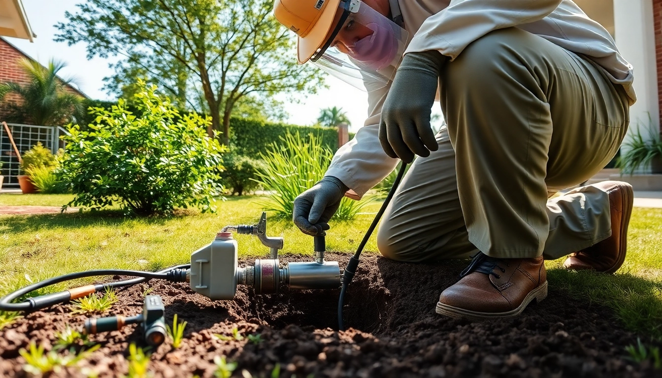 Technician refilling termite reticulation system refills in a suburban backyard with protective gear.